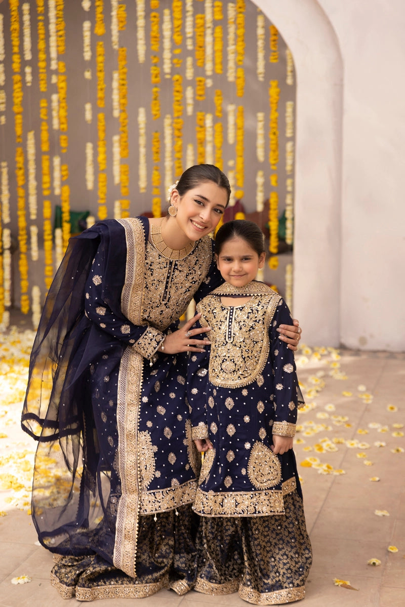 Aliyah Mother & Daughter Navy Ladies Wedding Farshi Gharara Oufit - Desi Posh