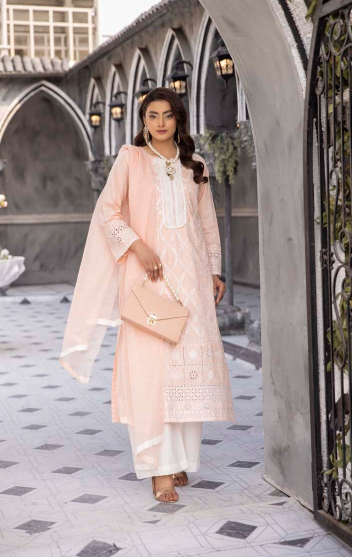 Sana Safinaz Inspired Ladies Peach Chikan Kari Mummy & Me Eid Outfit - Desi Posh