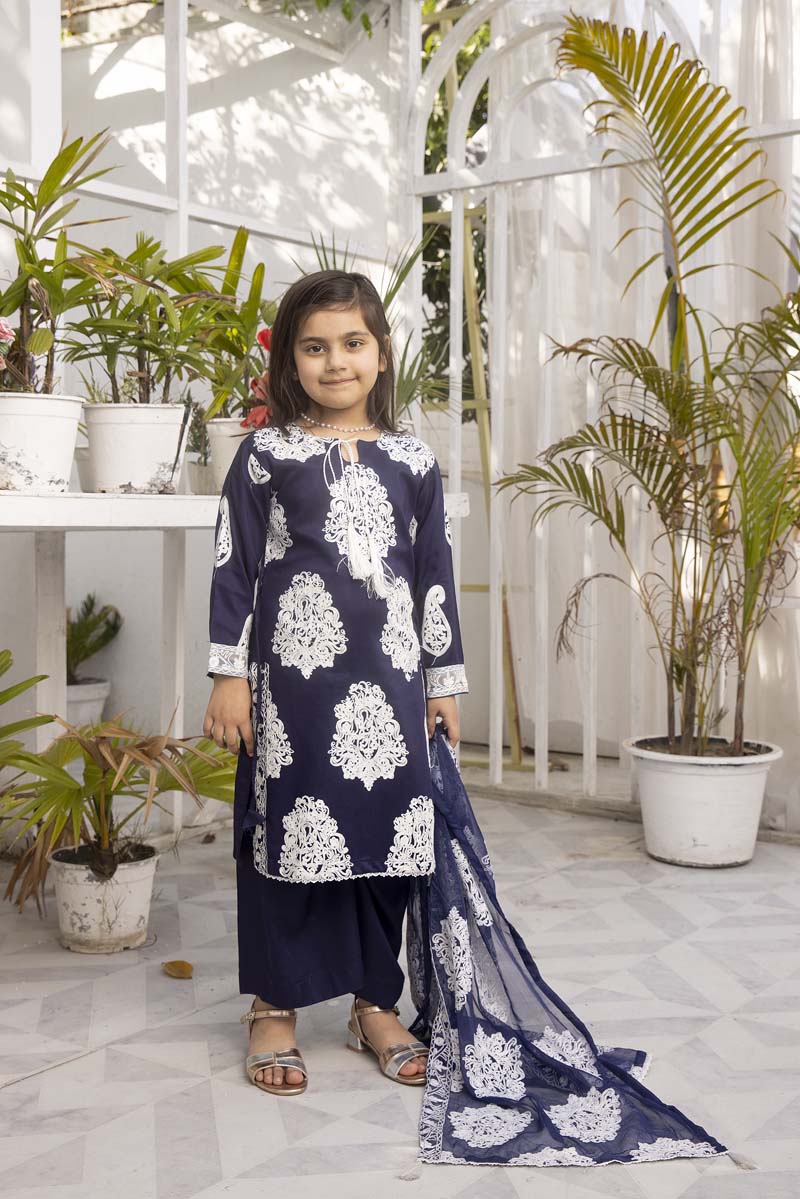 Jannat Navy Mummy & Me Girls 3 Piece Suit With Chiffon Dupatta - Desi Posh