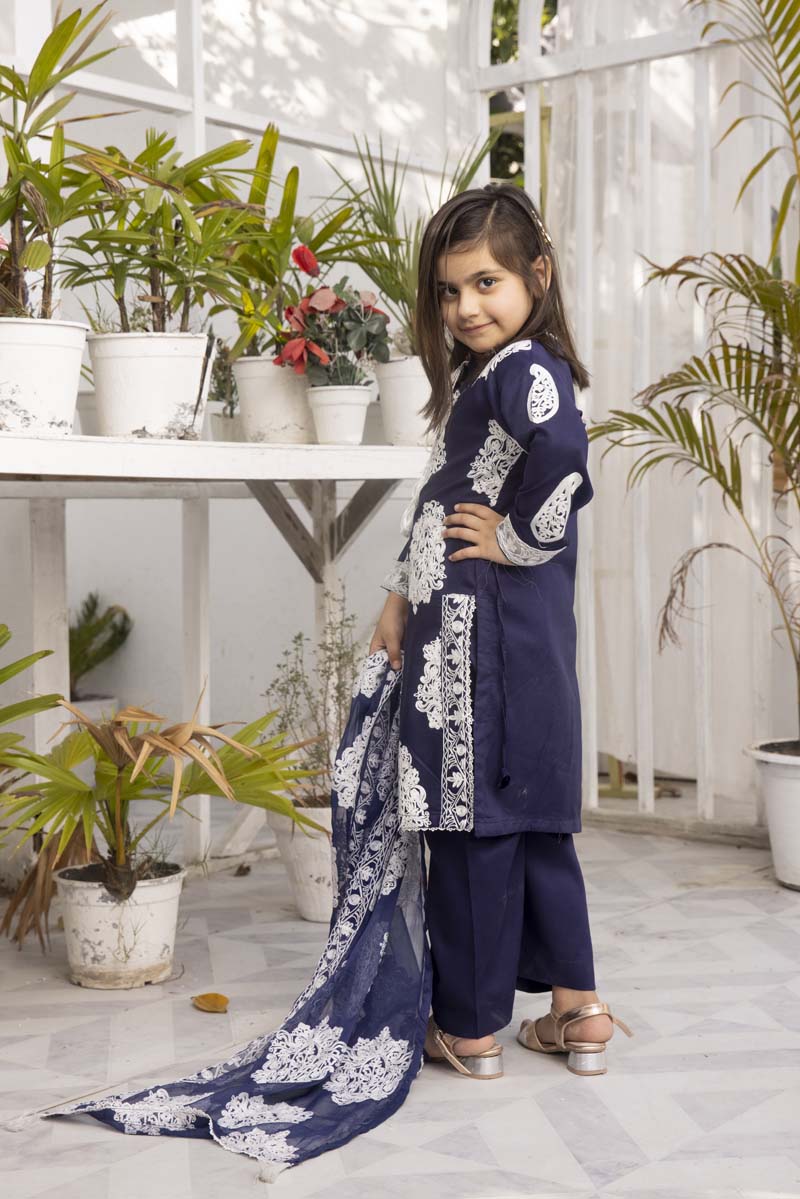 Jannat Navy Mummy & Me Girls 3 Piece Suit With Chiffon Dupatta - Desi Posh