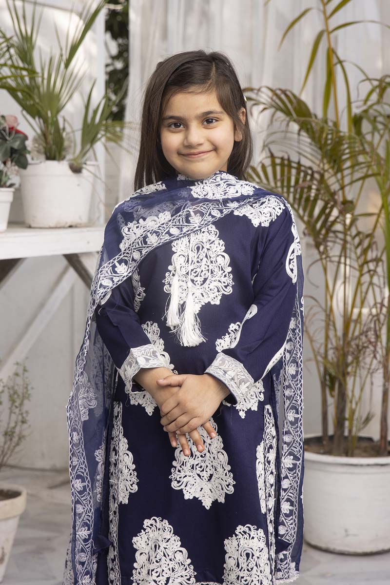 Jannat Navy Mummy & Me Girls 3 Piece Suit With Chiffon Dupatta - Desi Posh