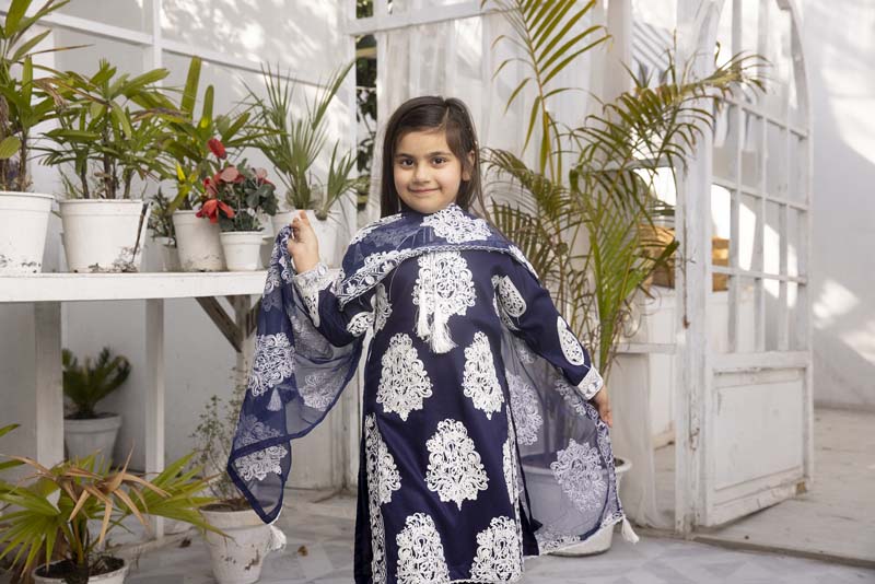 Jannat Navy Mummy & Me Girls 3 Piece Suit With Chiffon Dupatta - Desi Posh