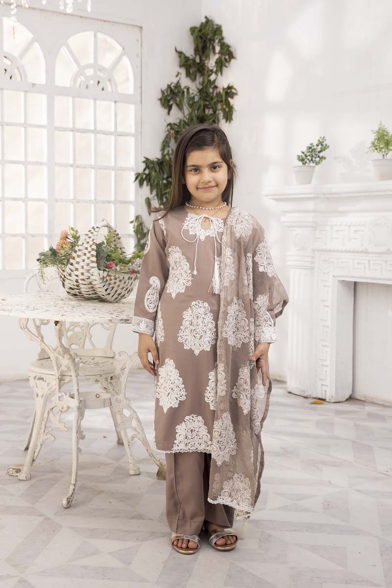 Jannat Mocha Mummy & Me Girls 3 Piece Suit With Chiffon Dupatta - Desi Posh