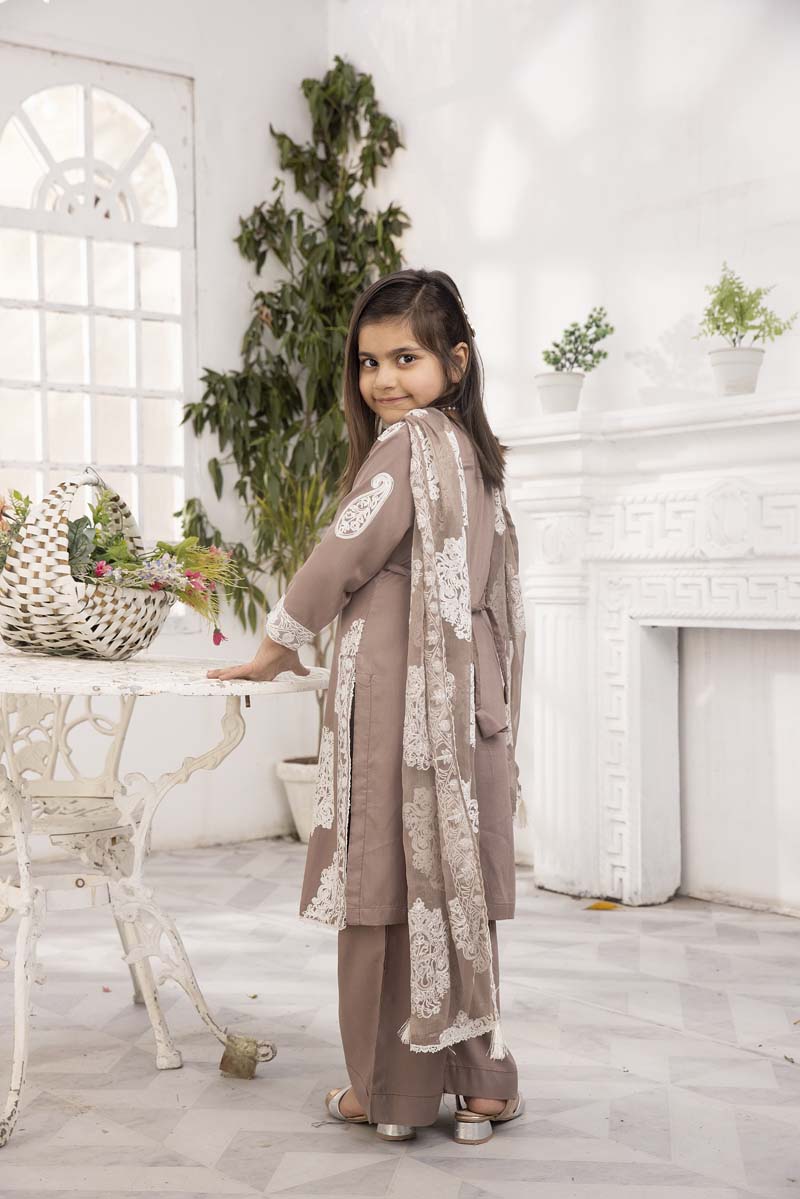 Jannat Mocha Mummy & Me Girls 3 Piece Suit With Chiffon Dupatta - Desi Posh