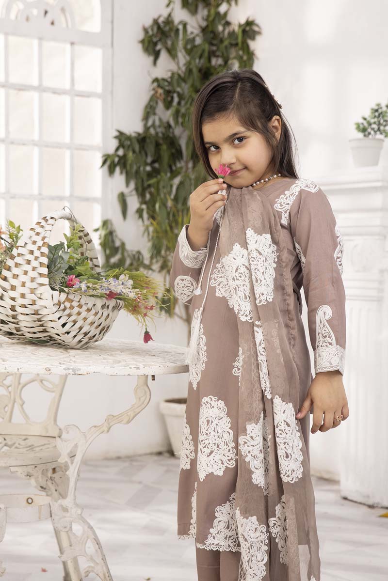 Jannat Mocha Mummy & Me Girls 3 Piece Suit With Chiffon Dupatta - Desi Posh