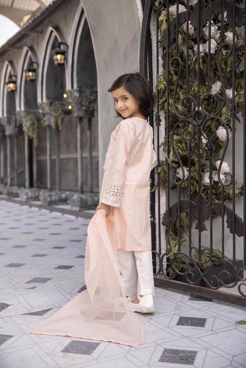 Sana Safinaz Inspired Girls Peach Chikan Kari Mummy & Me Eid Outfit - Desi Posh