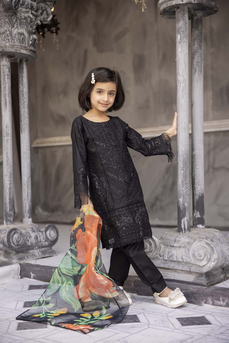 Sana Safinaz Inspired Girls Black Embroidered Mummy & Me Eid Outfit - Desi Posh