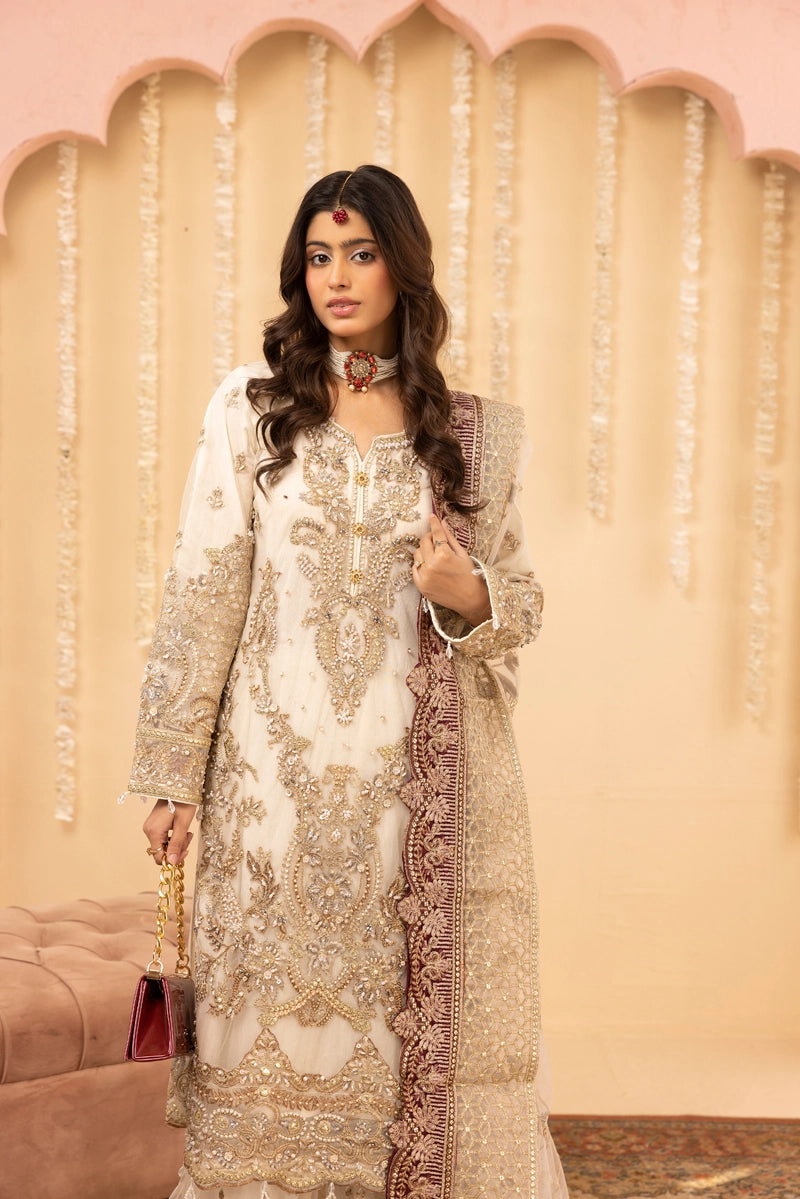 Imrozia Premium Inspired Embroidered White 3 Piece Wedding Sharara Outfit
