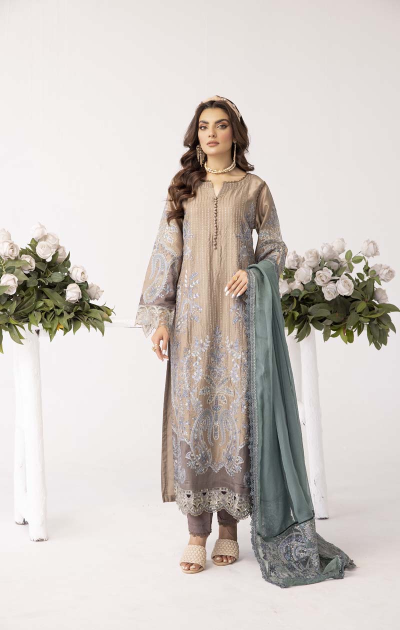 Maria B Inspired Embroidered Eid Outfit With Chiffon Dupatta MB4 - Desi Posh