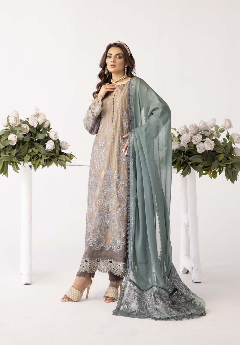 Maria B Inspired Embroidered Eid Outfit With Chiffon Dupatta MB4 - Desi Posh