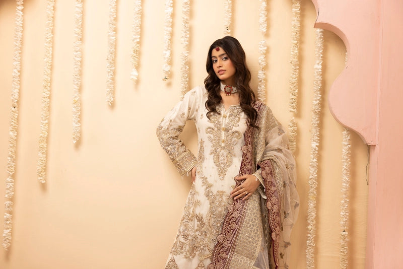Imrozia Premium Inspired Embroidered White 3 Piece Wedding Sharara Outfit