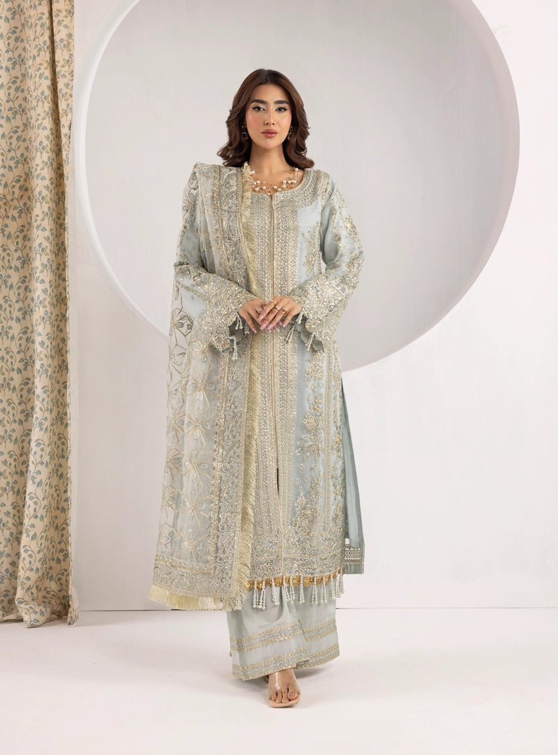 Imrozia Designer Noori Inspired Embroidered Ice Blue 3 Piece Wedding Outfit