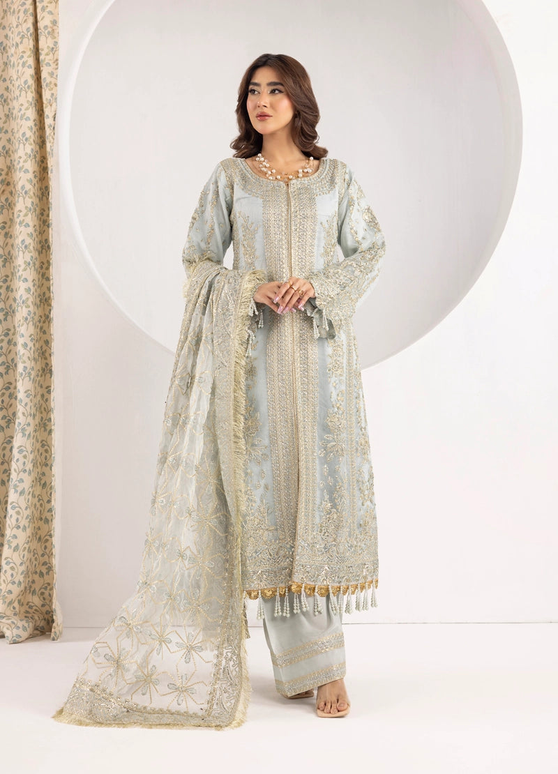 Imrozia Designer Noori Inspired Embroidered Ice Blue 3 Piece Wedding Outfit