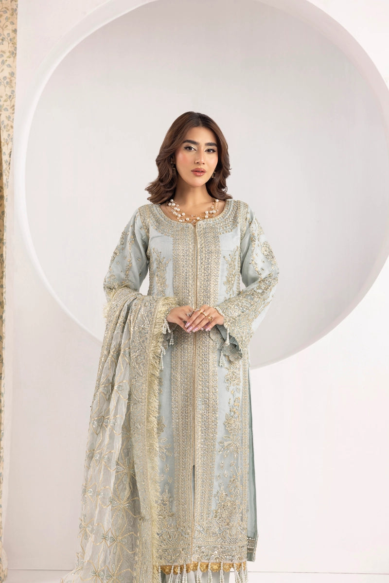 Imrozia Designer Noori Inspired Embroidered Ice Blue 3 Piece Wedding Outfit