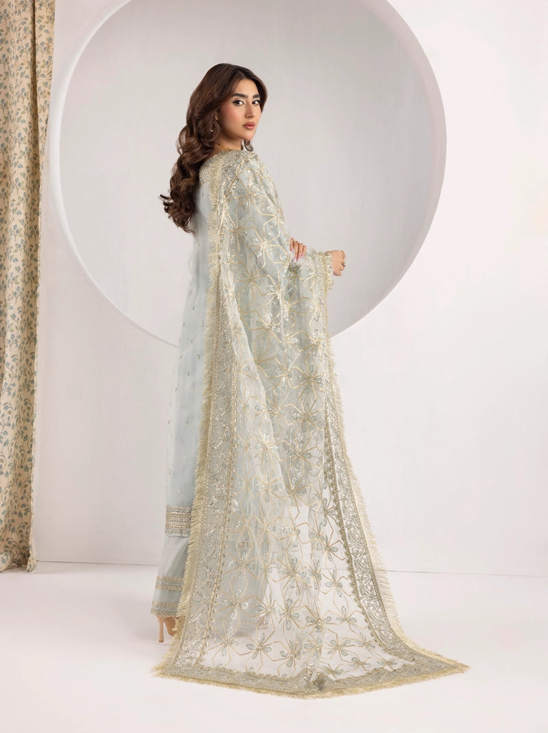 Imrozia Designer Noori Inspired Embroidered Ice Blue 3 Piece Wedding Outfit