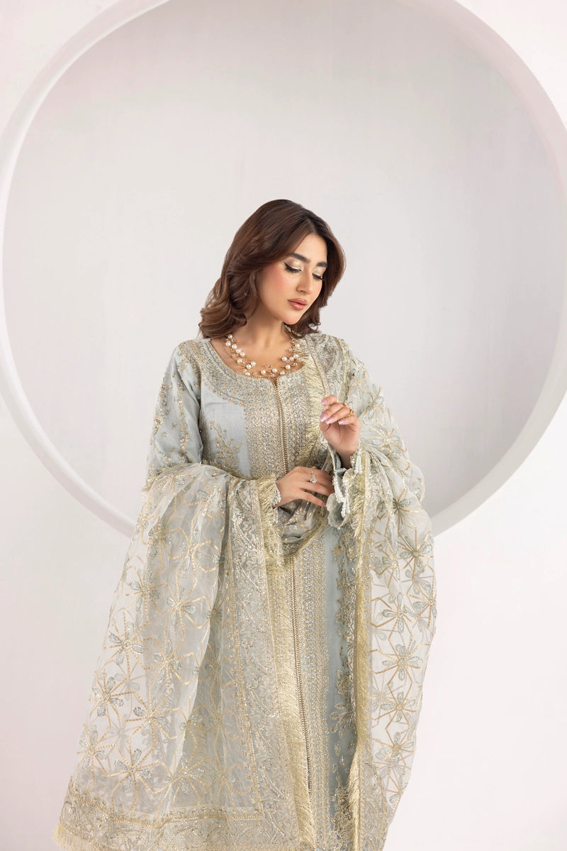 Imrozia Designer Noori Inspired Embroidered Ice Blue 3 Piece Wedding Outfit