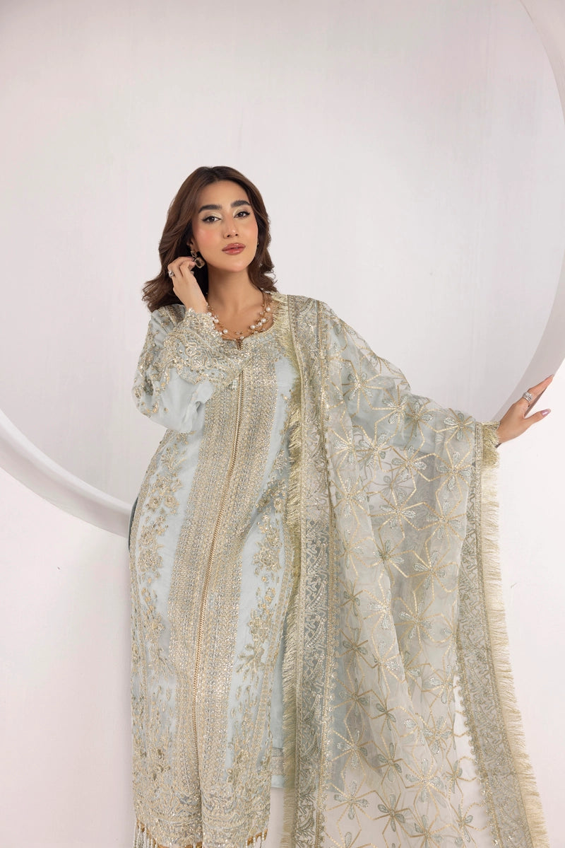 Imrozia Designer Noori Inspired Embroidered Ice Blue 3 Piece Wedding Outfit