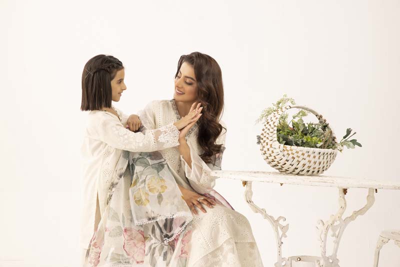 Sana Safinaz Inspired Girls Off White Chikan Kari Mummy & Me Eid Outfit - Desi Posh