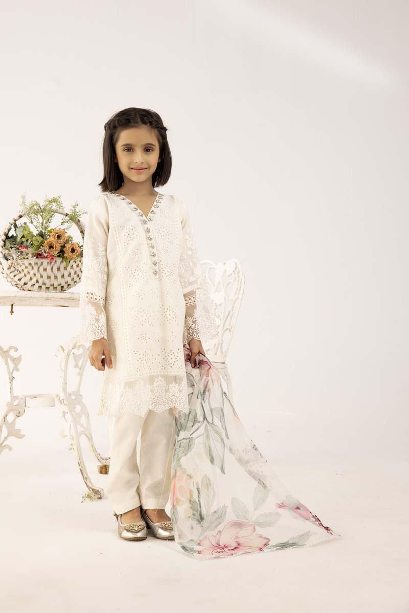 Sana Safinaz Inspired Girls Off White Chikan Kari Mummy & Me Eid Outfit - Desi Posh