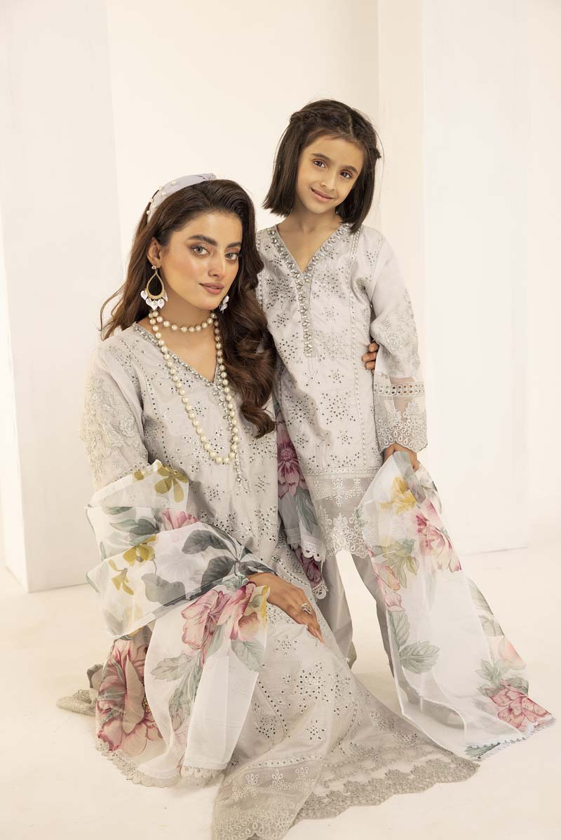 Sana Safinaz Inspired Girls Grey Chikan Kari Mummy & Me Eid Outfit - Desi Posh