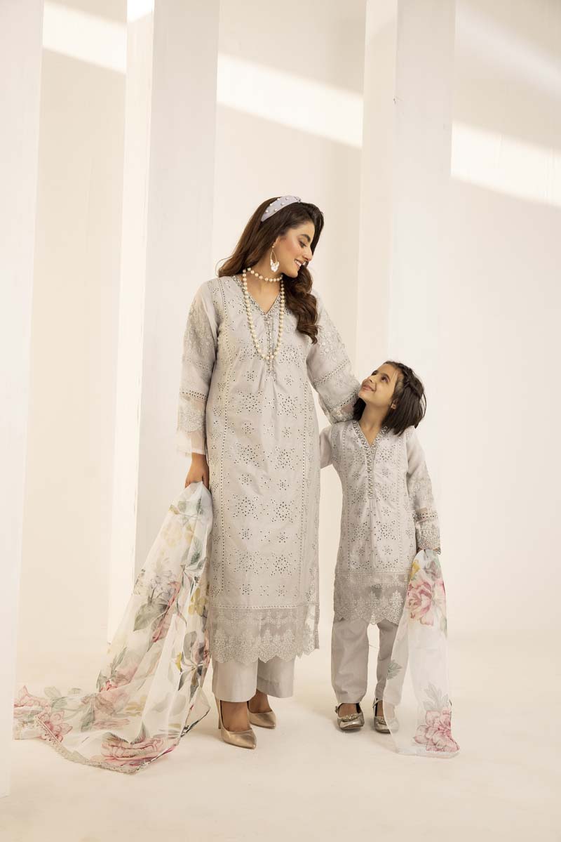 Sana Safinaz Inspired Girls Grey Chikan Kari Mummy & Me Eid Outfit - Desi Posh