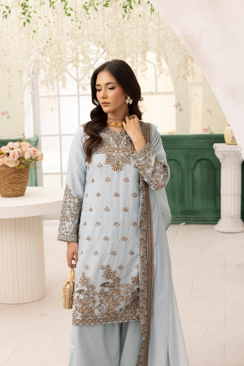 Hussain Rehar Inspired Chiffon 3 Piece Mint Blue Outfit With Farshi Salwar - Desi Posh