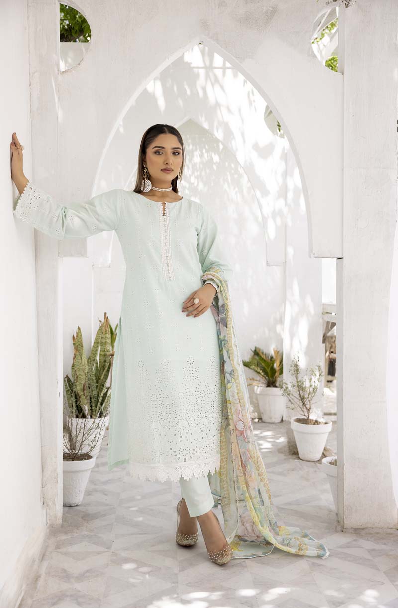 Image Chikan Kari Luxe 3 Piece Cotton Summer Outfit Mint - Desi Posh