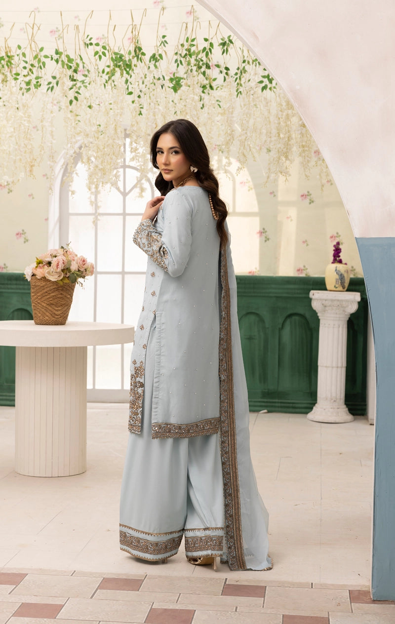 Hussain Rehar Inspired Chiffon 3 Piece Mint Blue Outfit With Farshi Salwar - Desi Posh