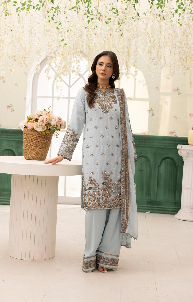 Hussain Rehar Inspired Chiffon 3 Piece Mint Blue Outfit With Farshi Salwar - Desi Posh