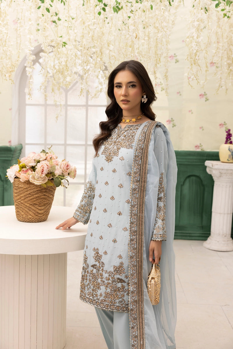 Hussain Rehar Inspired Chiffon 3 Piece Mint Blue Outfit With Farshi Salwar - Desi Posh