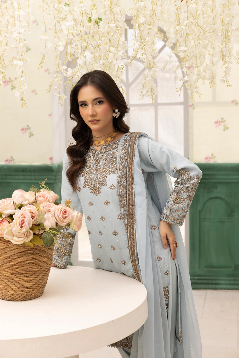 Hussain Rehar Inspired Chiffon 3 Piece Mint Blue Outfit With Farshi Salwar - Desi Posh