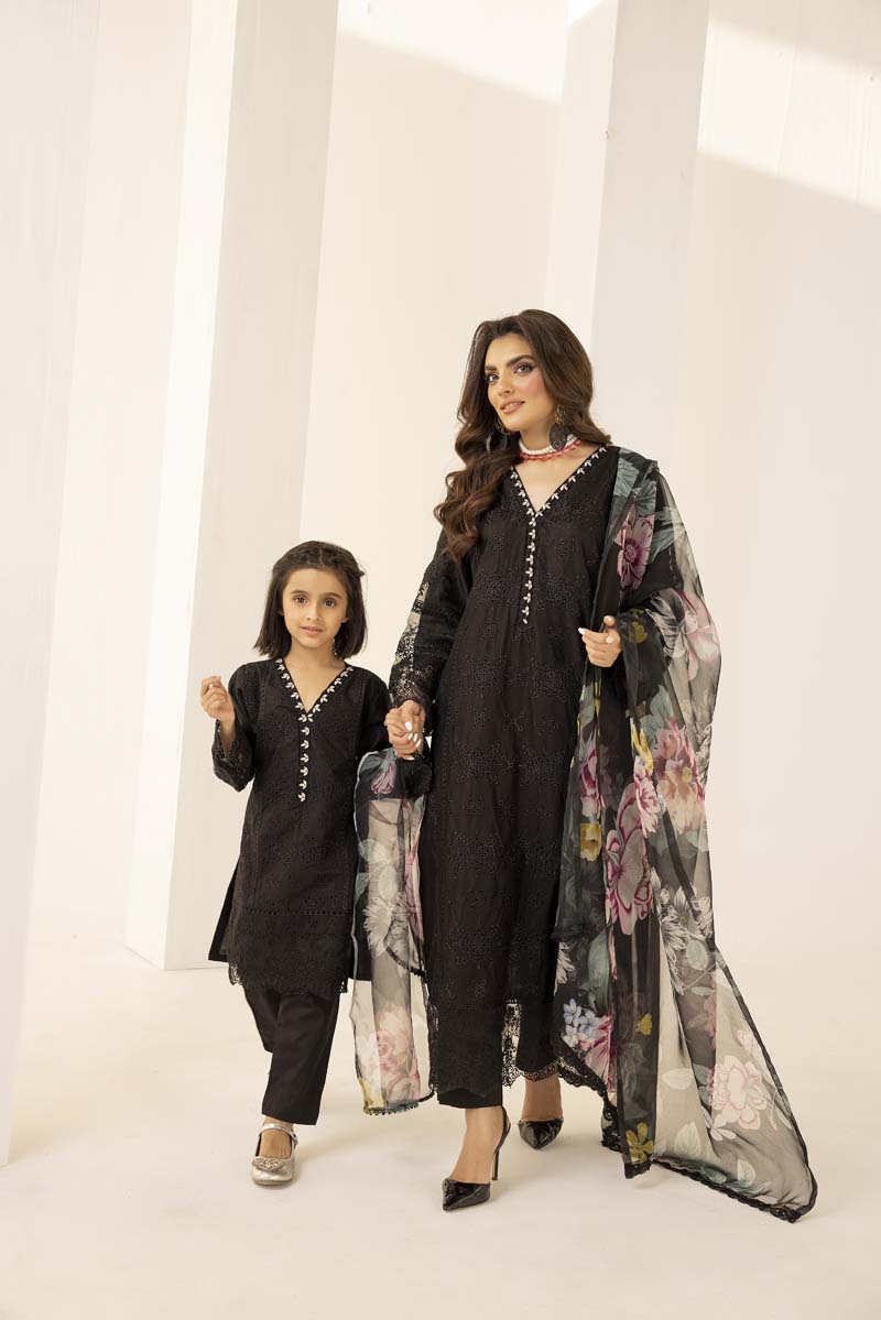 Sana Safinaz Inspired Girls Black Chikan Kari Mummy & Me Eid Outfit - Desi Posh