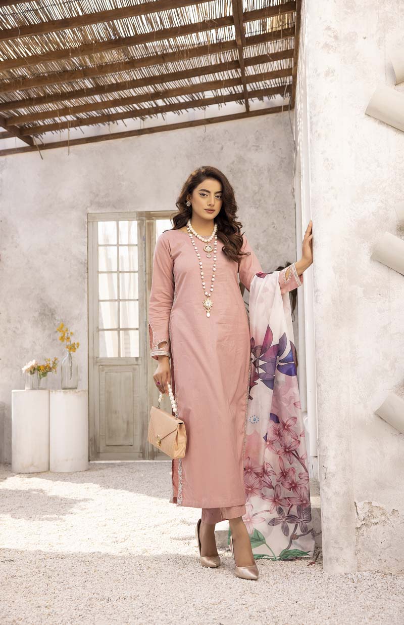 Nakhra 3 Piece Pink Suit with Digital Print Silk Dupatta MNZ05 - Desi Posh