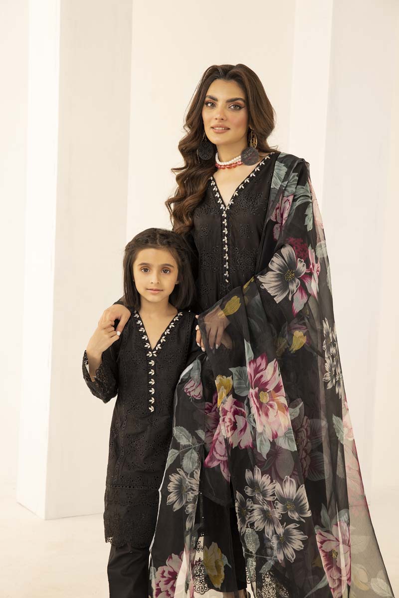 Sana Safinaz Inspired Ladies Black Chikan Kari Mummy & Me Eid Outfit - Desi Posh