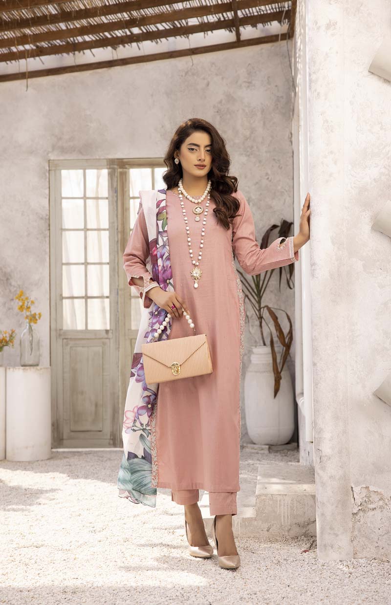 Nakhra 3 Piece Pink Suit with Digital Print Silk Dupatta MNZ05 - Desi Posh