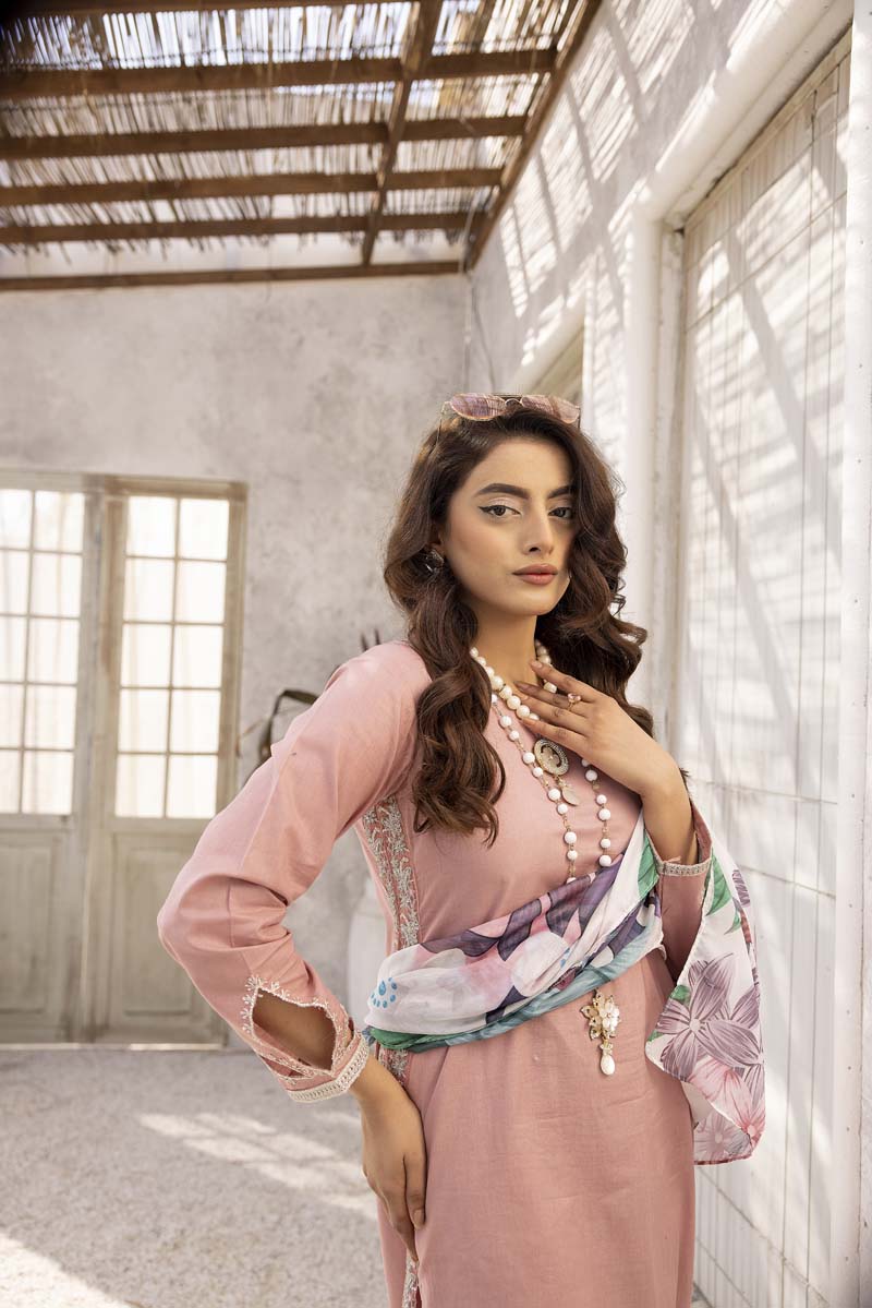 Nakhra 3 Piece Pink Suit with Digital Print Silk Dupatta MNZ05 - Desi Posh