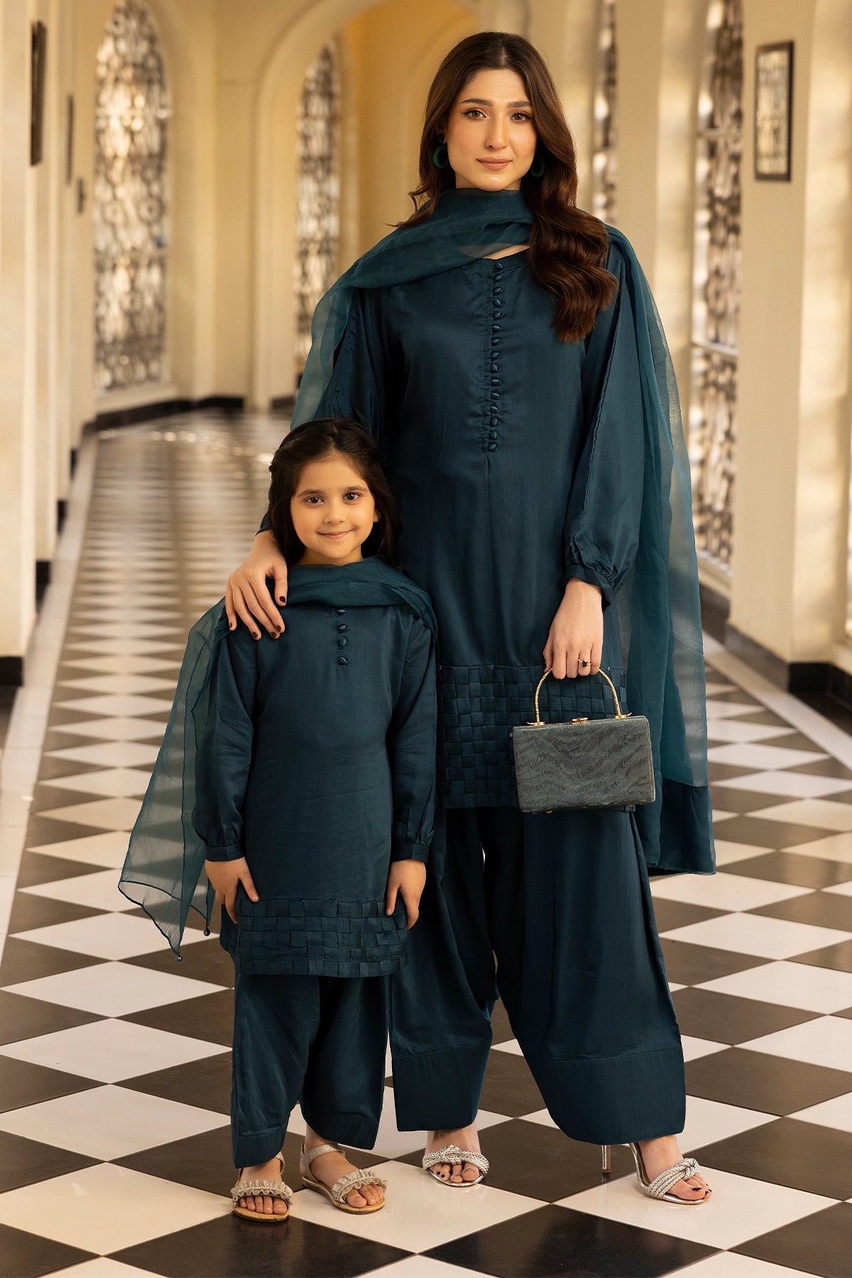 Hussain Rehar inspired Farshi Mummy & Me Ladies Teal Eid Outfit - Desi Posh