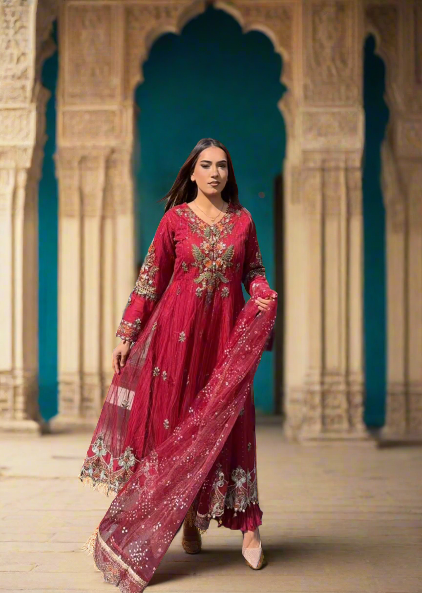 Maria B Inspired Embroidered Net D2403-B 3 Piece Outfit With Net Dupatta - Desi Posh