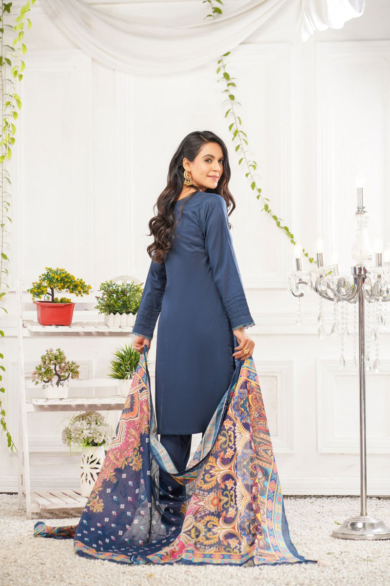 Bin Saeed Navy 3 Piece Suit with Organza Dupatta - Desi Posh