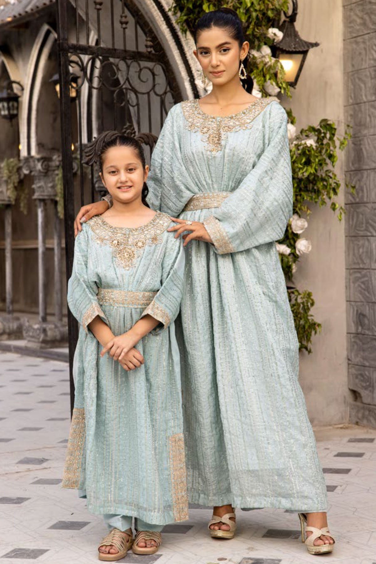 Jeem Mummy & Me Ladies Sea Green 3 Piece Wedding Kaftan - Desi Posh