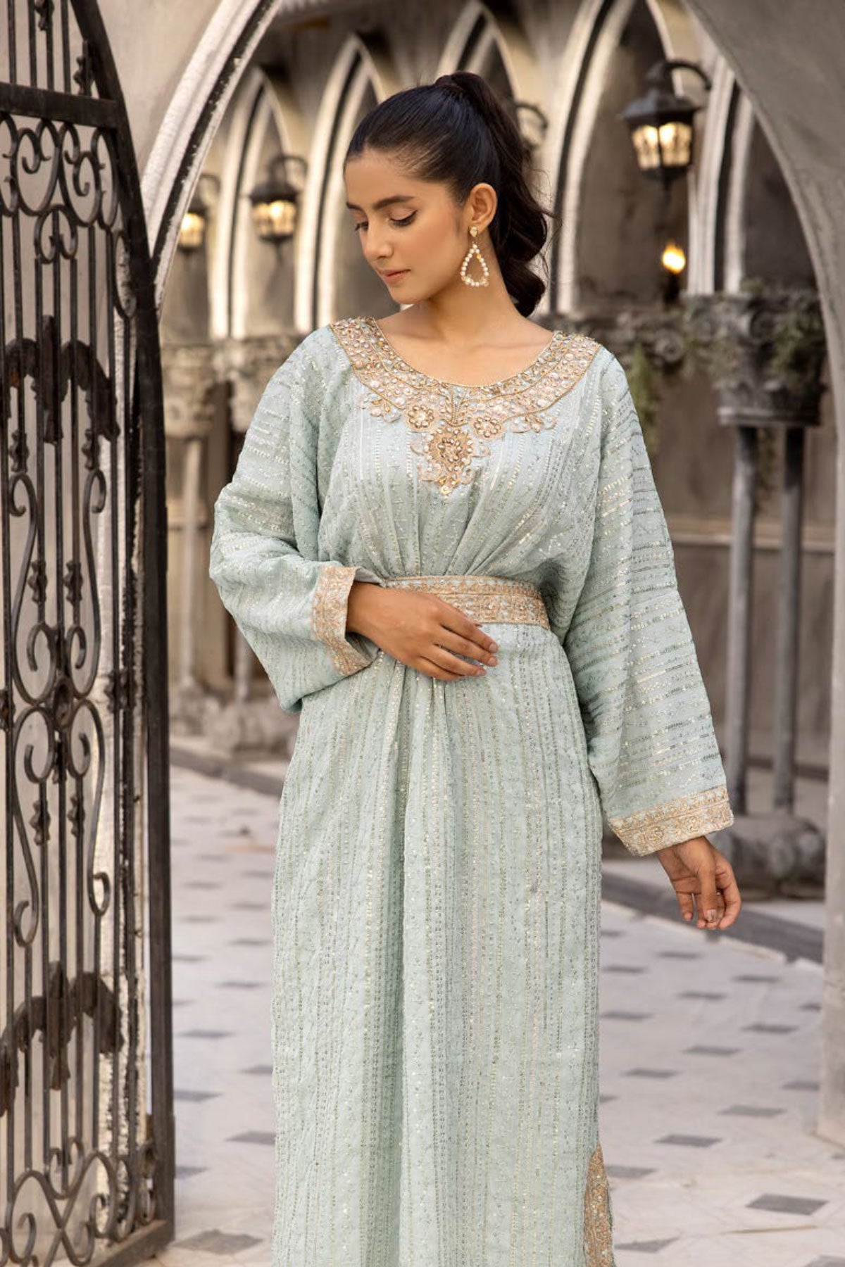 Jeem Mummy & Me Ladies Sea Green 3 Piece Wedding Kaftan - Desi Posh