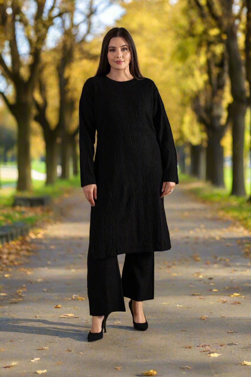 Sana Knitted Long Co ord Set Black