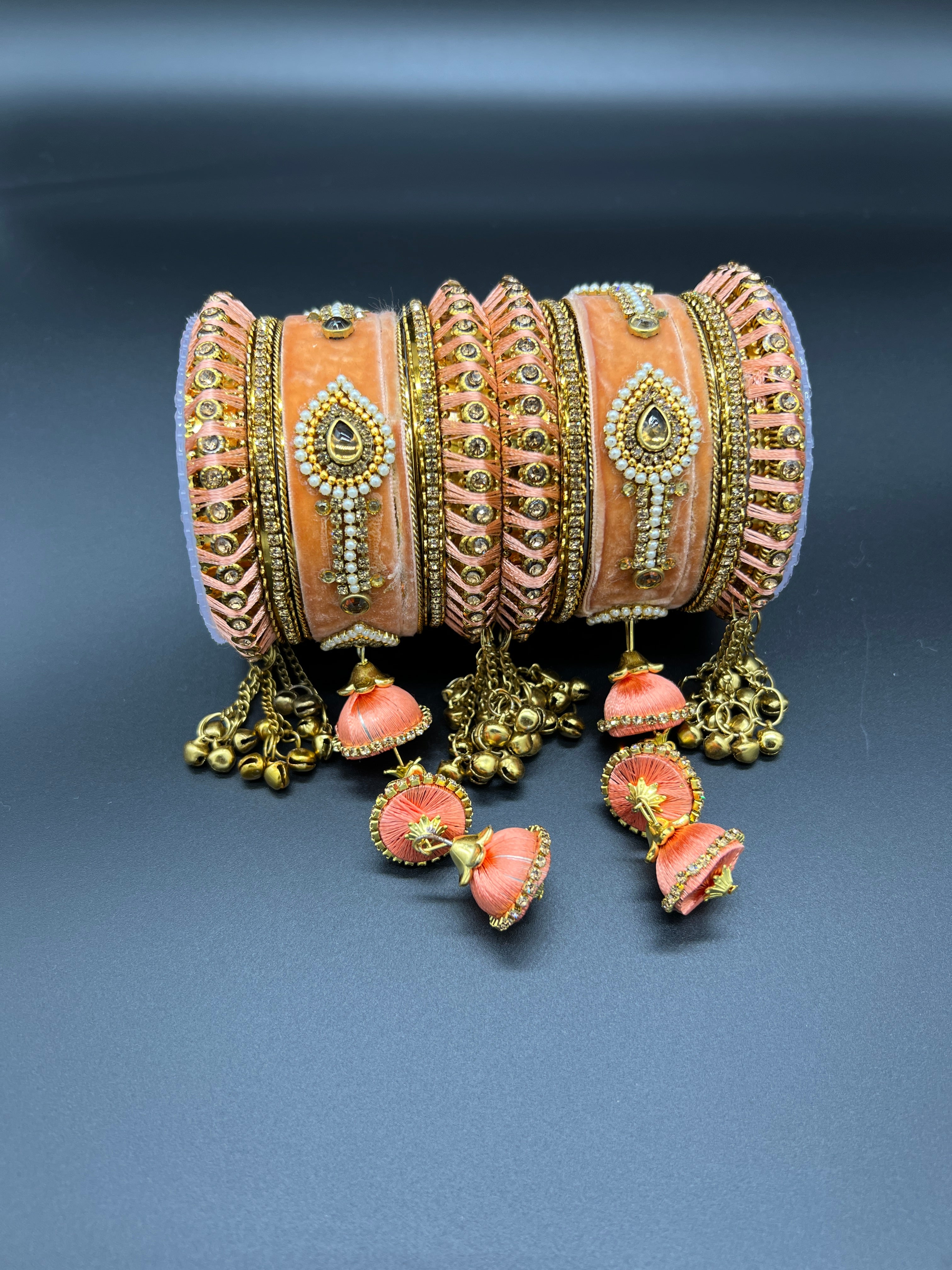 Peachy Pink Thread and Gold Stone Work Bangles - Desi Posh