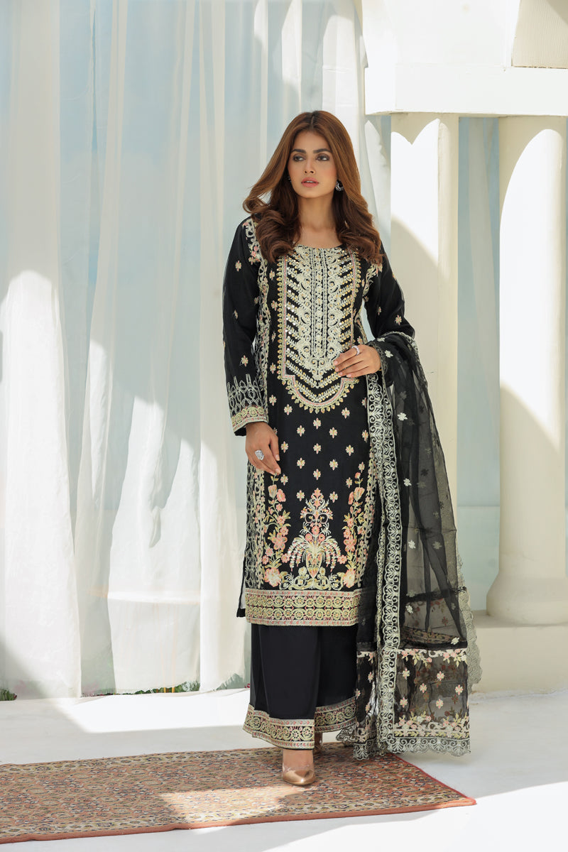 Stunning Embroidered Organza Black Party Outfit With Net Dupatta - Desi Posh