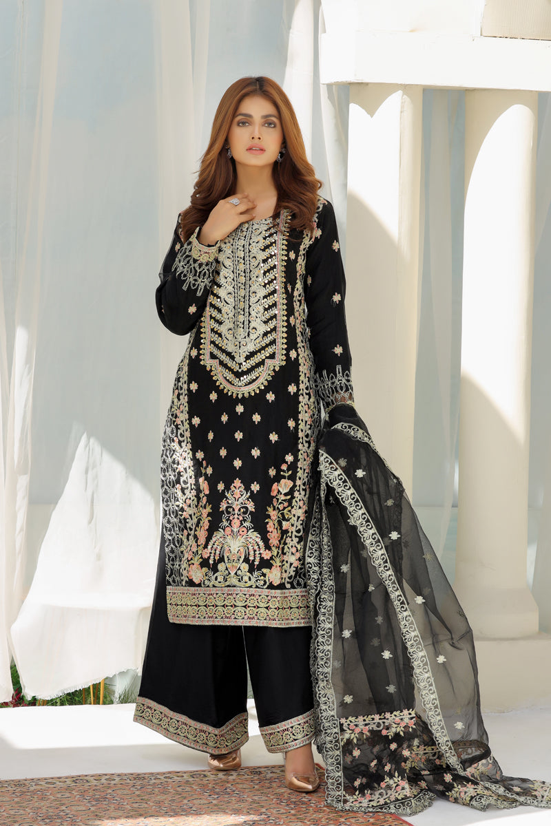 Stunning Embroidered Organza Black Party Outfit With Net Dupatta - Desi Posh
