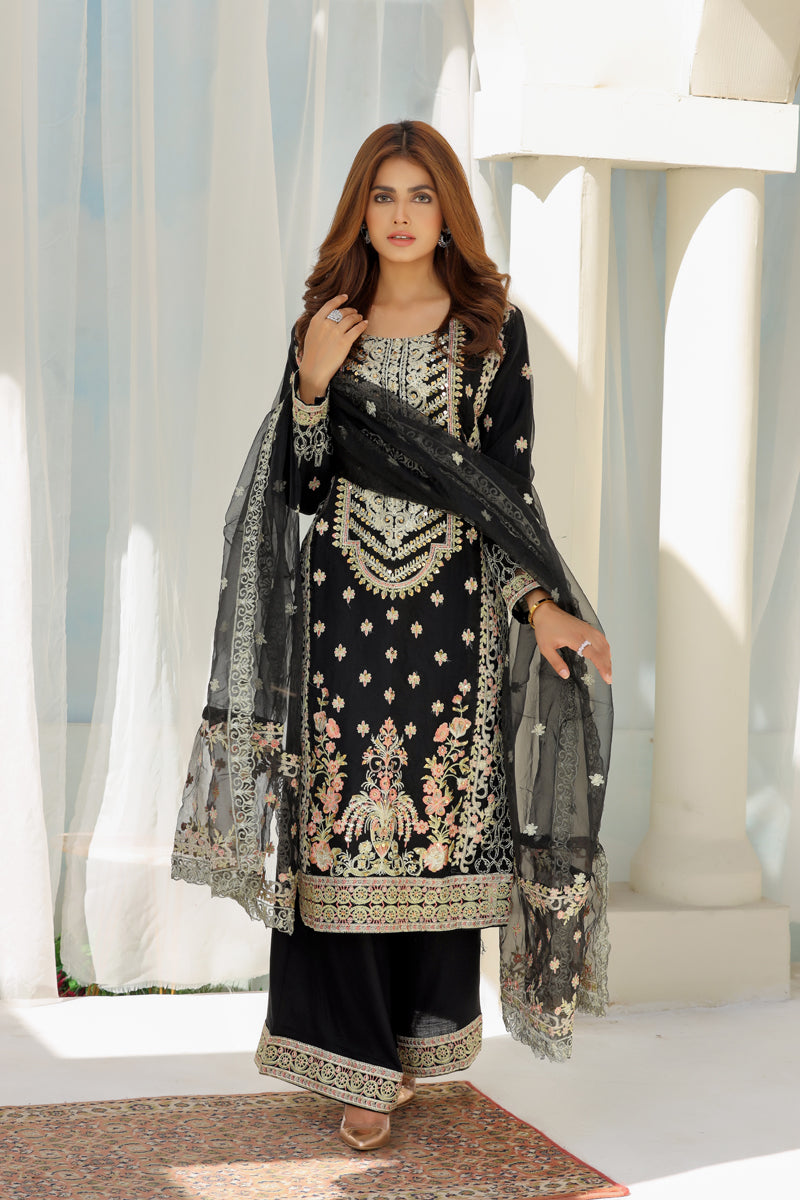 Stunning Embroidered Organza Black Party Outfit With Net Dupatta - Desi Posh