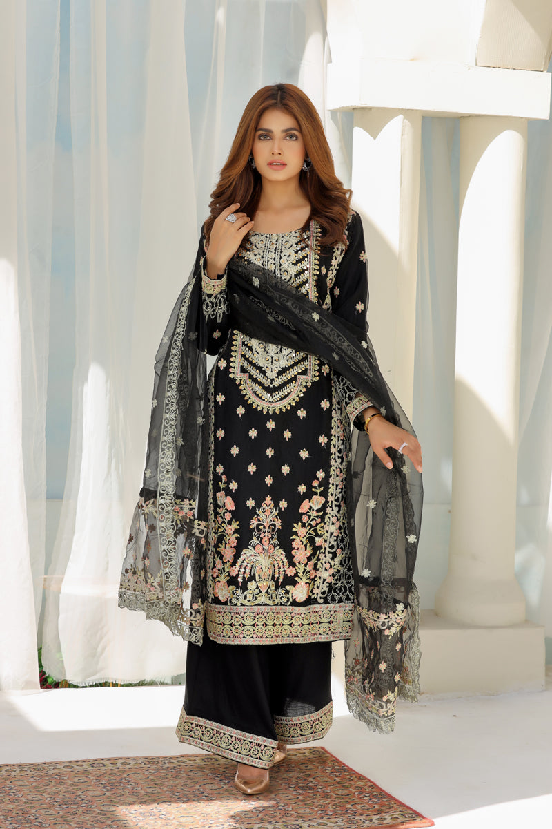 Stunning Embroidered Organza Black Party Outfit With Net Dupatta - Desi Posh