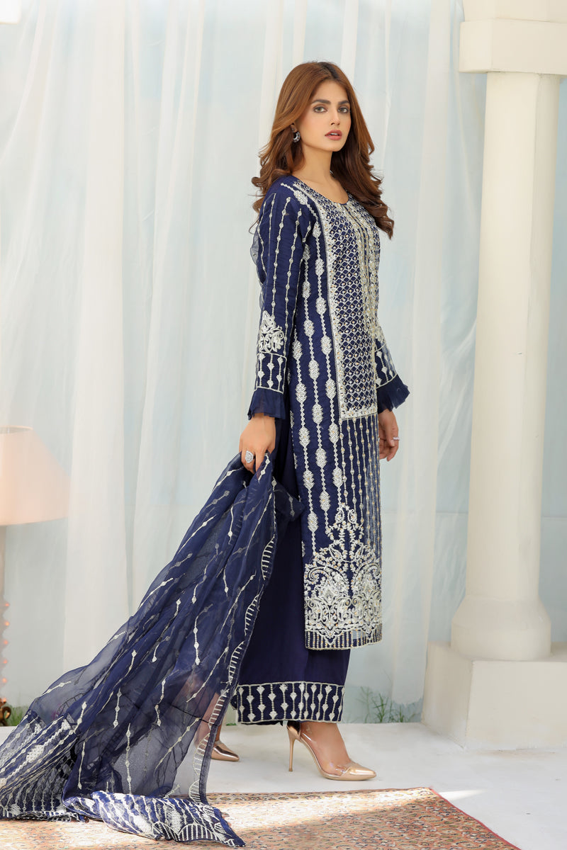 Stunning Embroidered Organza Navy Party Outfit With Net Dupatta - Desi Posh