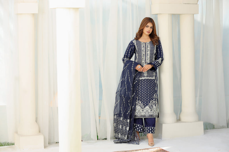 Stunning Embroidered Organza Navy Party Outfit With Net Dupatta - Desi Posh