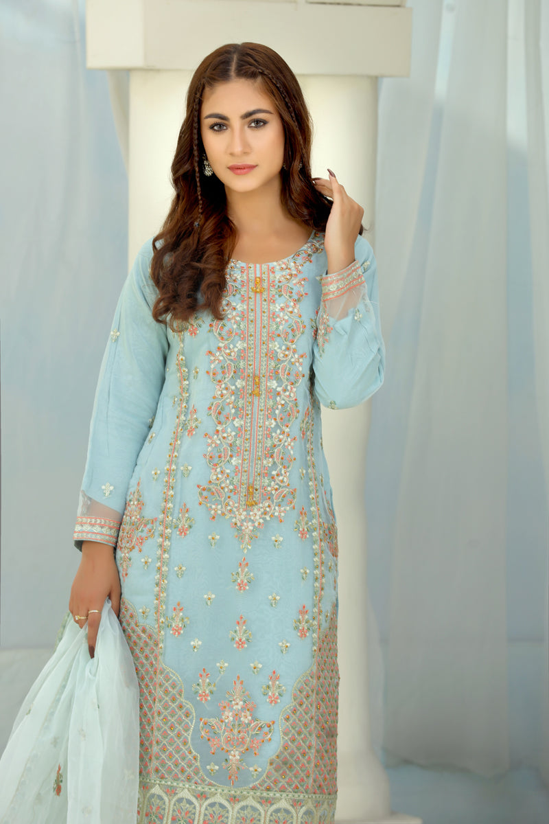 Simrans Embroidered Organza Mint Green Party Outfit - Desi Posh